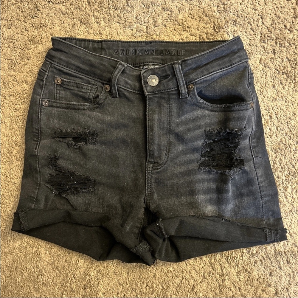 American Eagle Outfitters Next Level Stretch HiRise Black Distressed Jean Shorts